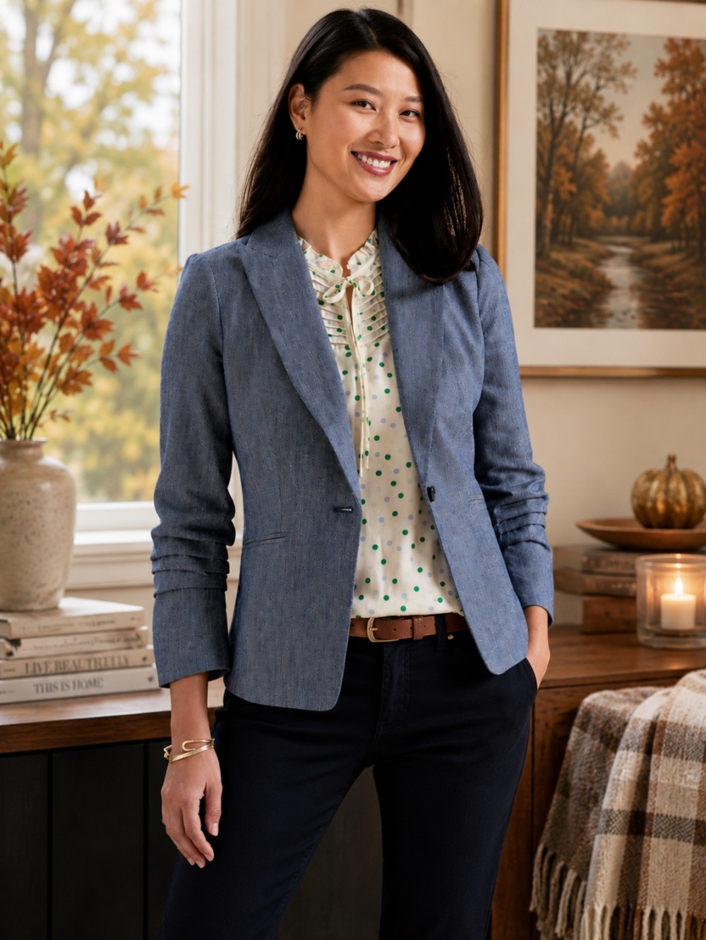 Talbots Light Blue Chambray 3/4 sleeved Tailored Blazer Jacket size 16